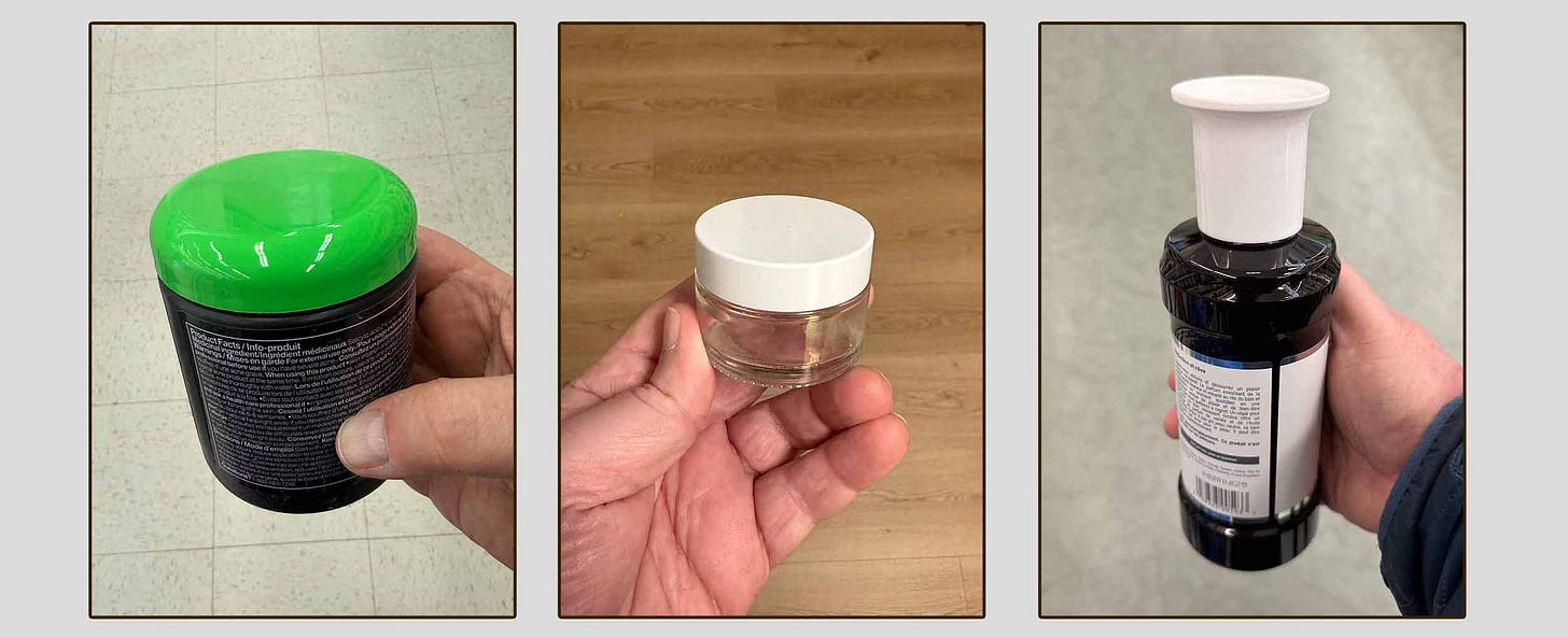 Three color photos of the author holding products with smooth, hard lids.