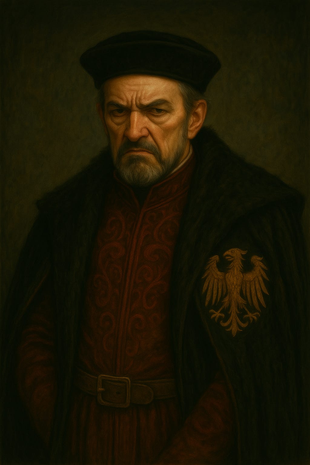 create an image of the Black Eagle Baron, looking profoundly unhappy create an image of the Black Eagle Baron, looking profoundly unhappy