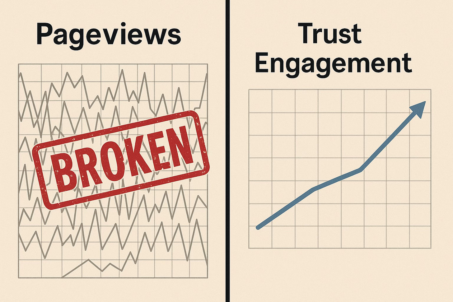 Horizontal split-screen graphic. The left side shows a cluttered, noisy pageviews chart stamped with the word “BROKEN.” The right side shows a clean, rising line graph labeled “Trust” and “Engagement,” symbolizing stronger, more meaningful metrics.