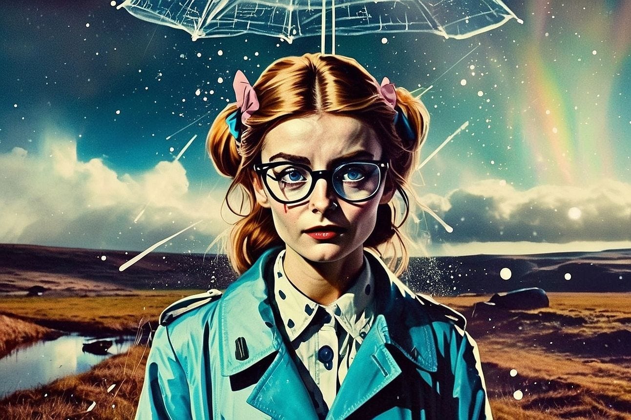 A determined looking avatar of the author or perhaps Alice standing before a magical and less ominous sky, still wearing her raincoat.