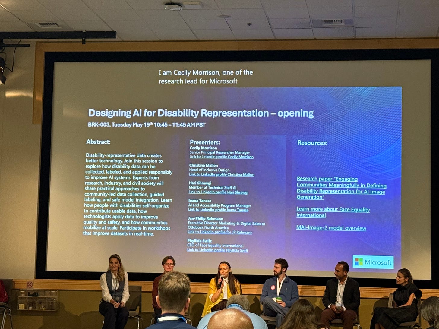 A panel of six speakers seated beneath a projected Microsoft slide titled "Designing AI for Disability Representation – opening," with session details, presenter bios, and resource links visible. A panel of six speakers seated beneath a projected Microsoft slide titled "Designing AI for Disability Representation – opening," with session details, presenter bios, and resource links visible.