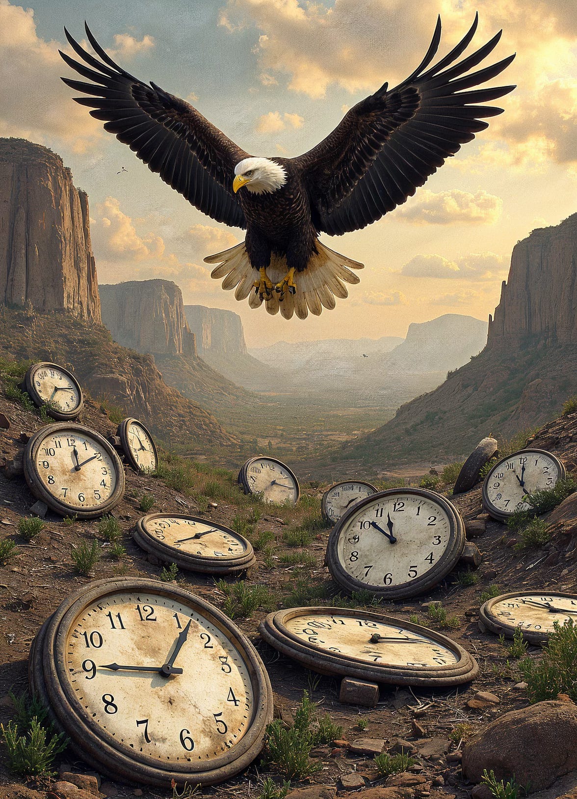 un águila de cabeza blanca sobrevolando un paisaje con relojes en el suelo, simbolizando la libertad que da el organizar el tiempo gracias a los hábitos 