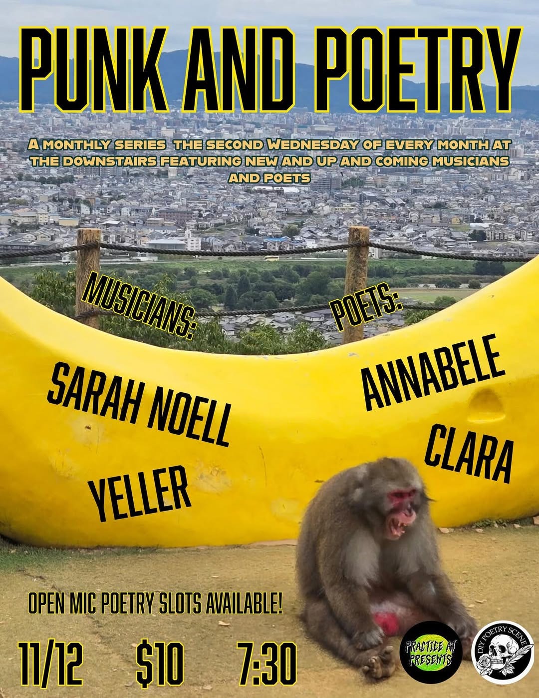 May be an image of text that says 'PUNK AND POETRY A MONTHLY SERIES THE SECOND WEDNESDAY OF EVERY MONTH AT THE DOWNSTAIRS DOWNSTAIRSFEATURING TAIRS FEATURING NEW AND UP AND COMING MUSICIANS ANDPOETS AND POETS MUSICIANS: SARAH NOELL YELLER PDETS: ANNABELE CLARA OPEN MIC POETRY SLOTS AVAILABLE! 11/12 $10 PRACTICEN RRESENTS 7:30 9 e'