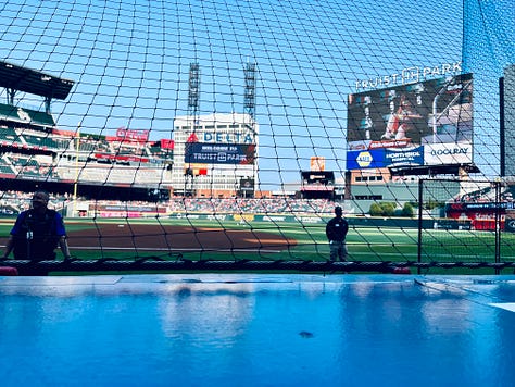baseball, stadium, statue, signs, sky