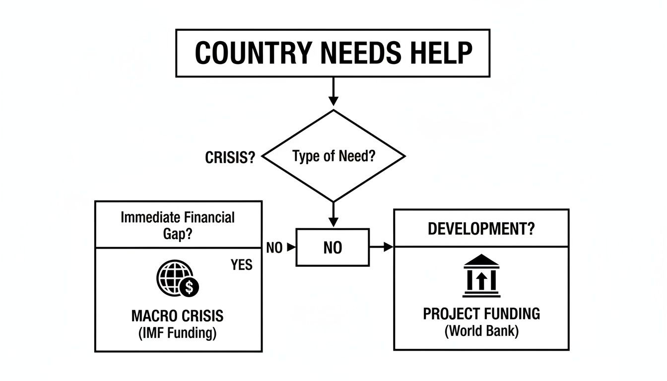 Flowchart illustrating the different types of financial assistance from the IMF and World Bank. Flowchart illustrating the different types of financial assistance from the IMF and World Bank.