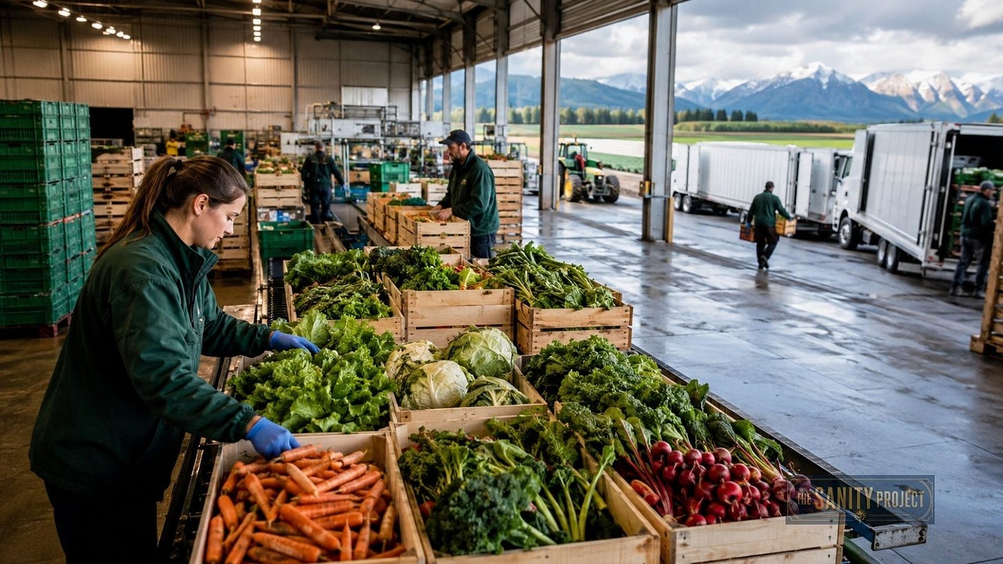Canadian vegetables moving through a distribution warehouse, representing Food Security Canada policy investment in storage and logistics. Canadian vegetables moving through a distribution warehouse, representing Food Security Canada policy investment in storage and logistics.