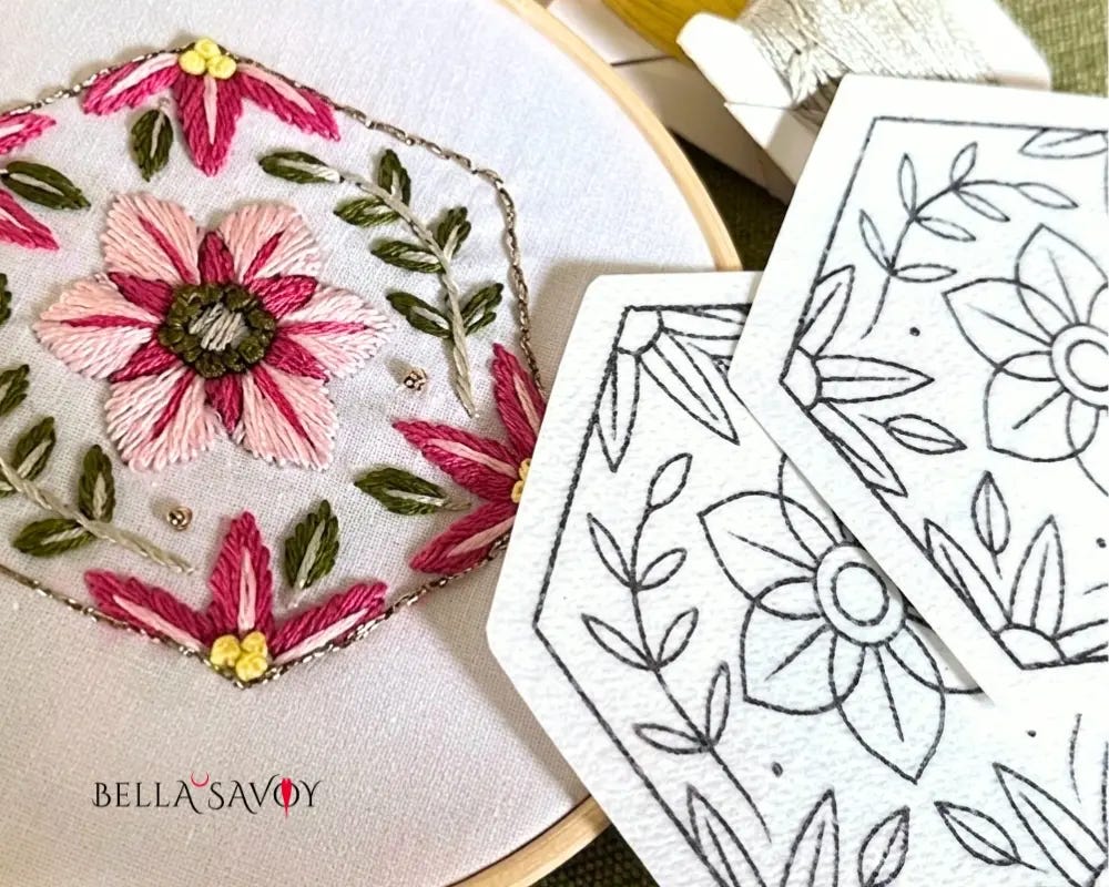 embroidery stick and stitch flower designs and a finished piece