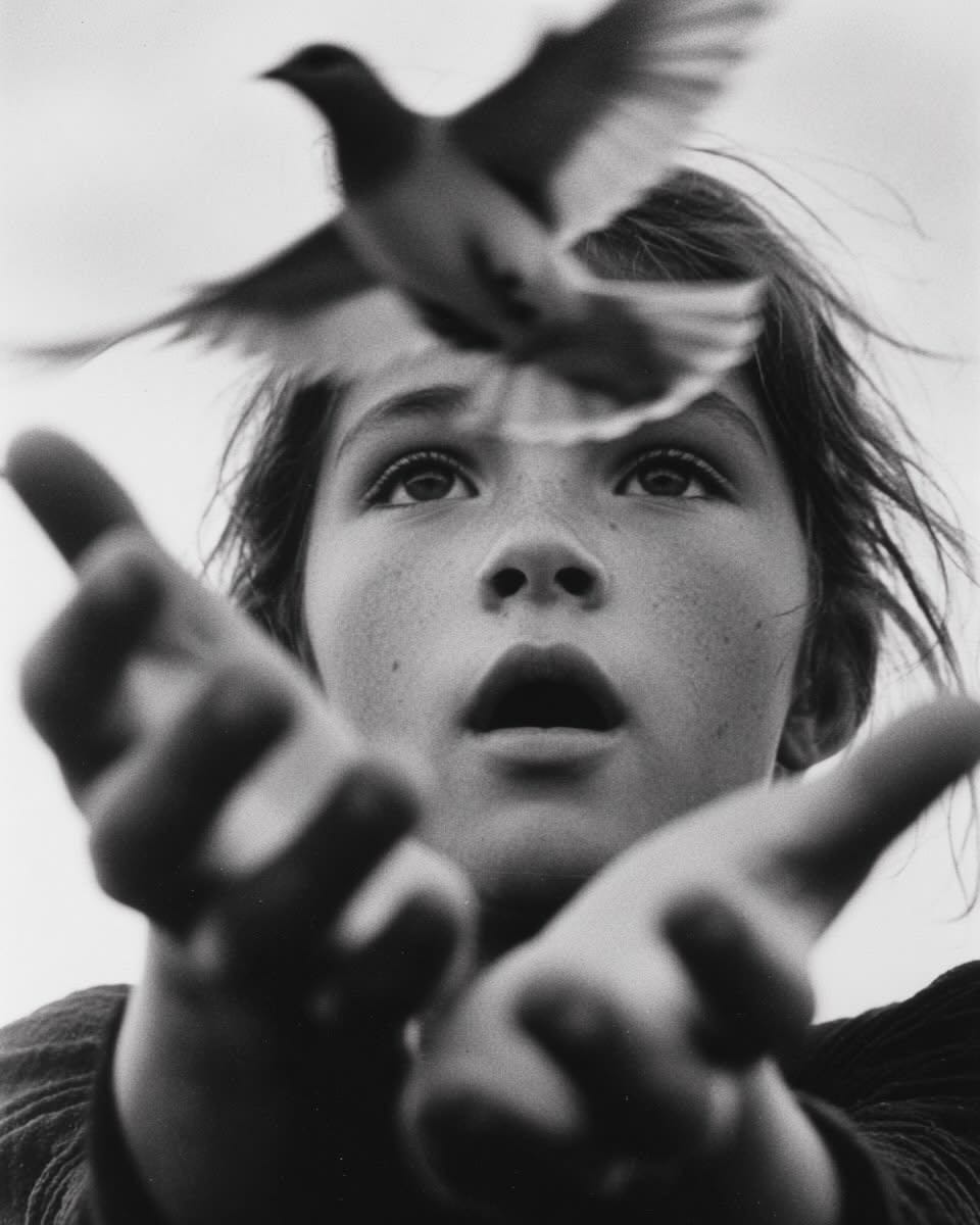 May be a black-and-white image of child and bird May be a black-and-white image of child and bird
