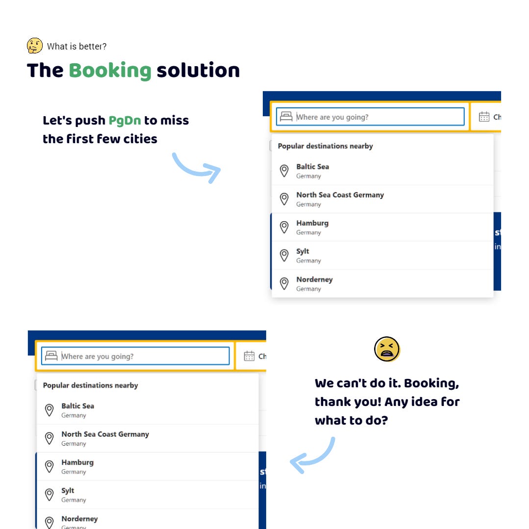 The Booking app. I am in the city search field. A drop-down list with cities is below. I need the penultimate one. I press the PgDn key. One more time. One more time. It doesn't work out