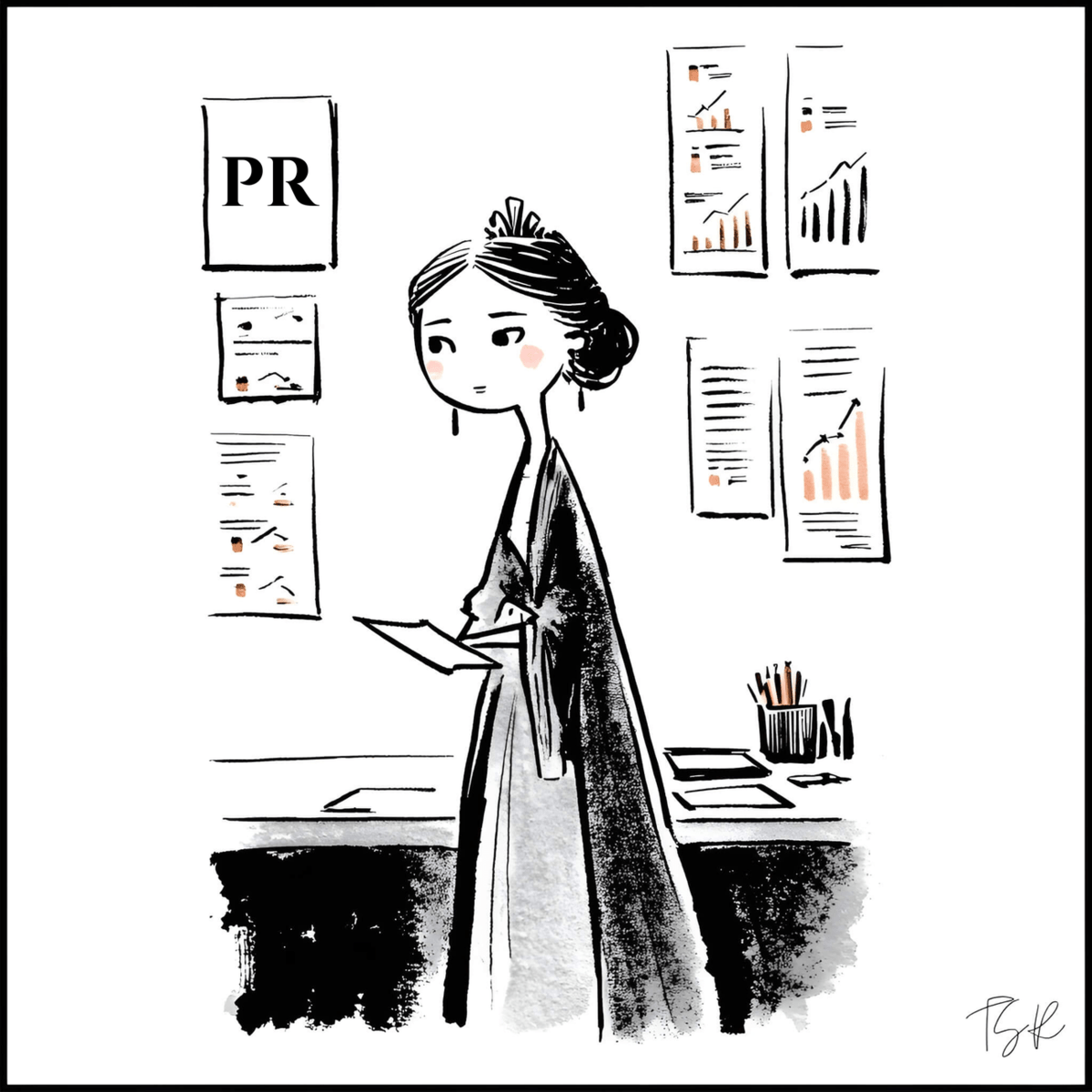 Minimalist black-and-white ink drawing of Lady Macbeth holding a brief, surrounded by PR charts and reputation-management symbols. Part of the Drawing Conclusions series for The Subtext Review.