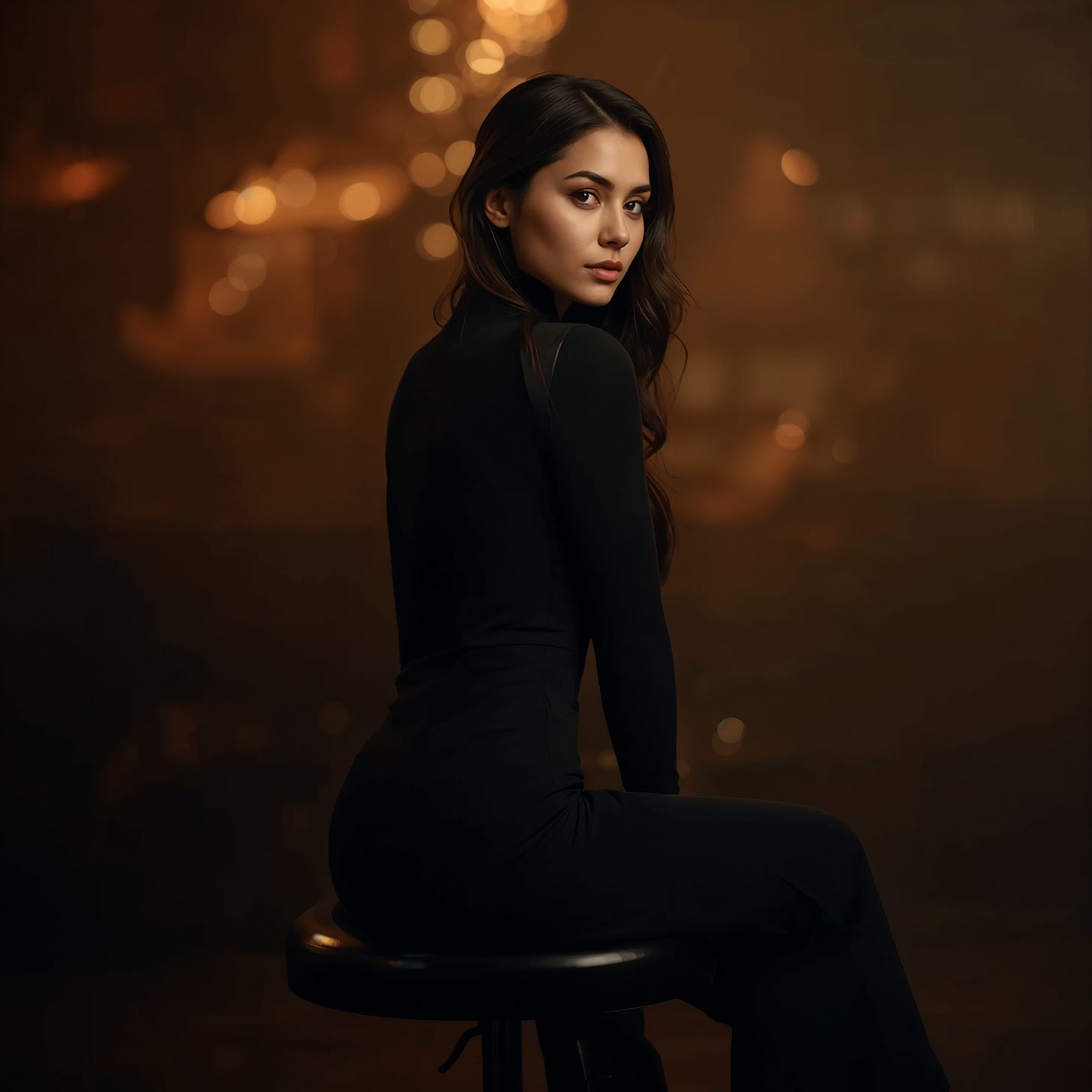 slim woman in a black turtleneck—sits sideways on a barstool, looking over her shoulder in warm amber bar light; soft bokeh glows behind her