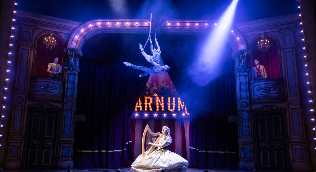 A dark blue stage with a woman in the middle playing the harp and two trapeze performers hanging above her A dark blue stage with a woman in the middle playing the harp and two trapeze performers hanging above her
