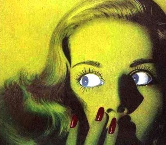 This may contain: a painting of a woman's face with her hands on her face and eyes painted green