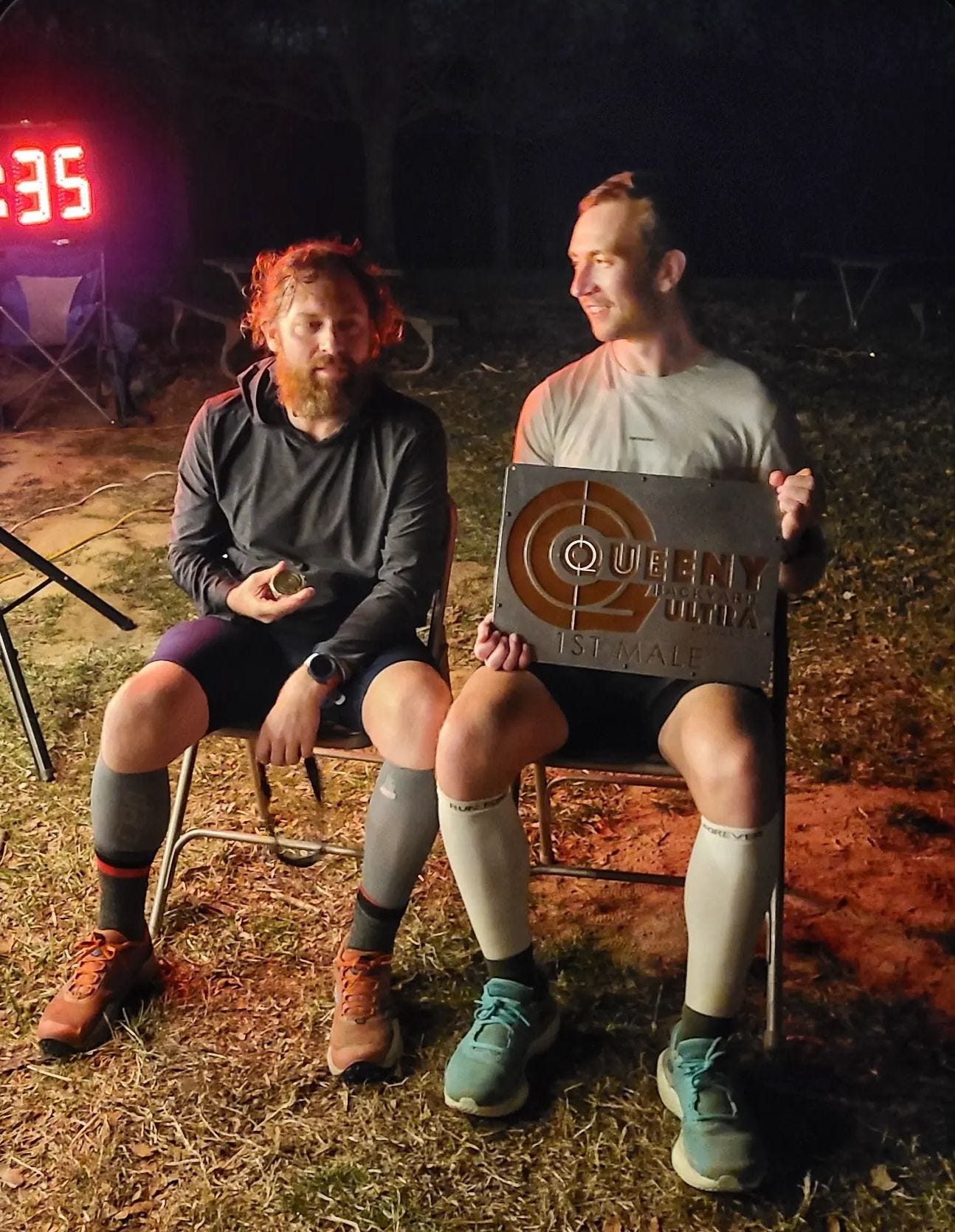 Listening to Cody after the race while I hold this giant trophy plaque thing (pc: Terrain Trail Runners)