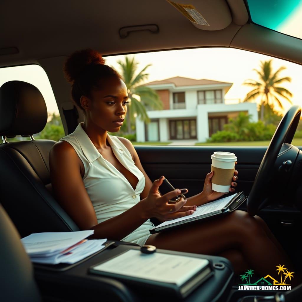 A Jamaican female realtor, stylish in a crisp business attire, visibly overworked, sits in her car, surrounded by real estate documents, a laptop bag, and a phone, with a coffee cup, folders, and keys scattered around, warm tropical sunlight casting a cinematic glow, her exhausted yet determined expression reflected in the rearview mirror, outside, a modern Caribbean-style house with swaying palm trees, film grain and vignette adding depth, color graded to evoke a sense of fatigue and determination, shot on 35mm film with cinematic lighting, Noe Alcantara, Ash Thorp, and Simon Stalenhag's atmospheric and dramatic styles infused.