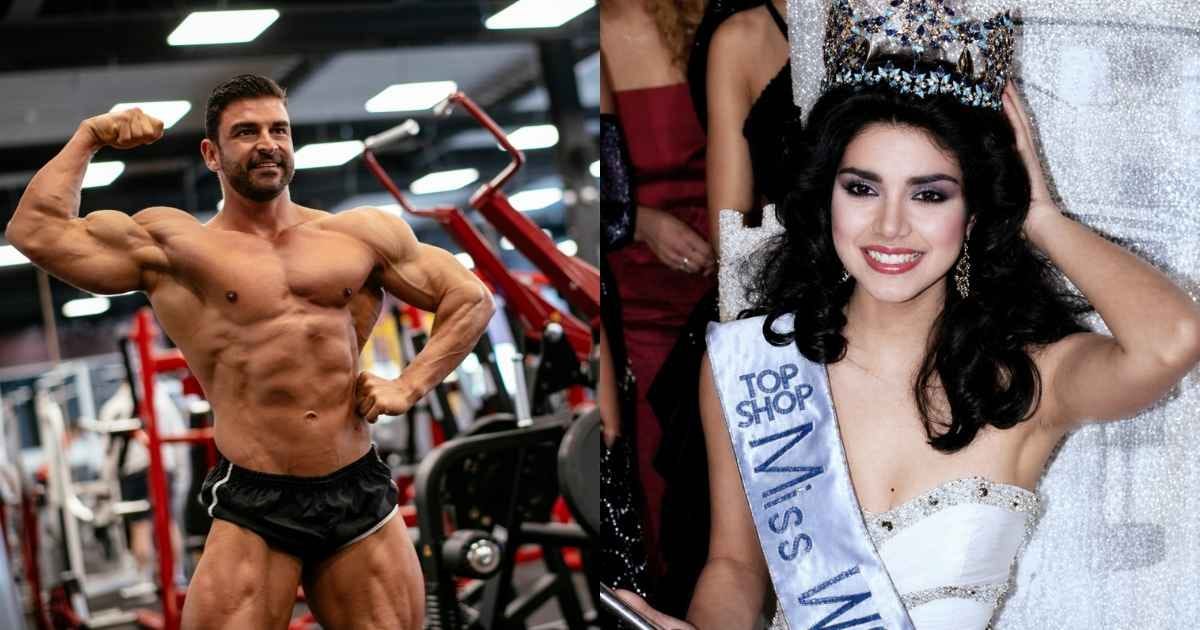 Bodybuilder posing on the left, miss world crowned on right. Bodybuilder posing on the left, miss world crowned on right.