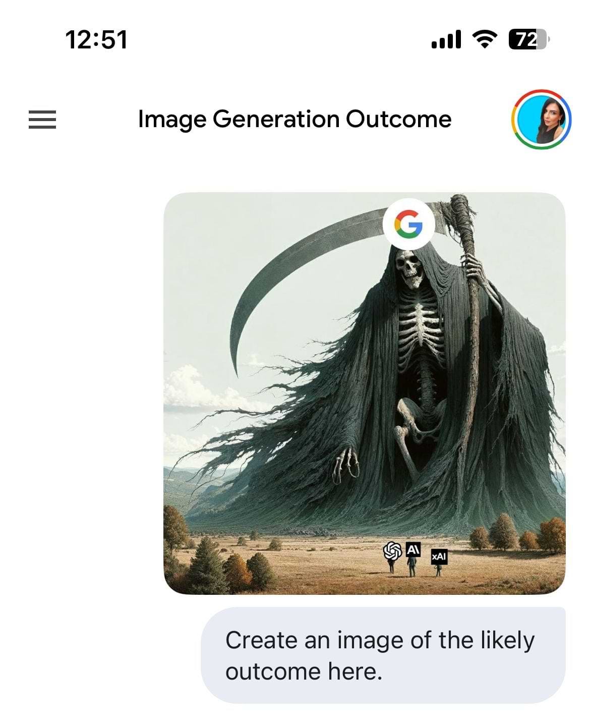 Screenshot of Google’s Nano Banana Pro image generator. The canvas shows a huge grim reaper with the Google “G” logo over its head, towering above three small figures labeled with the OpenAI, Anthropic “AI,” and xAI logos. Below, the user prompt reads: “Create an image of the likely outcome here.”