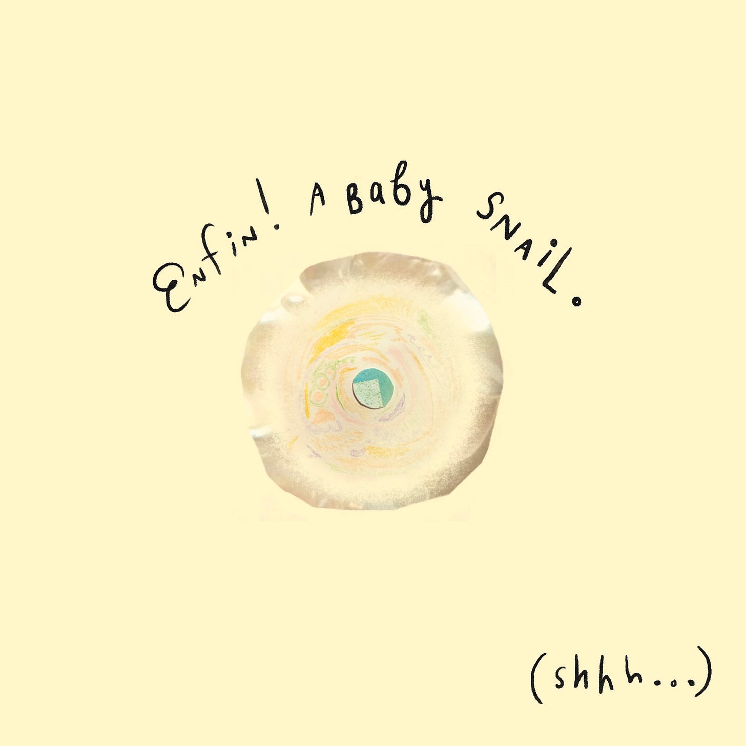 A comic panel with a cream color background and a pearly orb with a blue cut paper circle in the middle of it. It reads, Enfin! A baby snail. (Shhh…)
