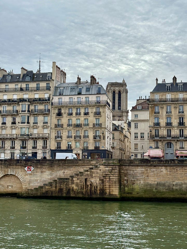 Two views of the Quai aux Fleurs on the Île de la Cité, showing historic buildings along the stone embankment beside the Seine, with Notre-Dame visible behind the buildings in the first image.