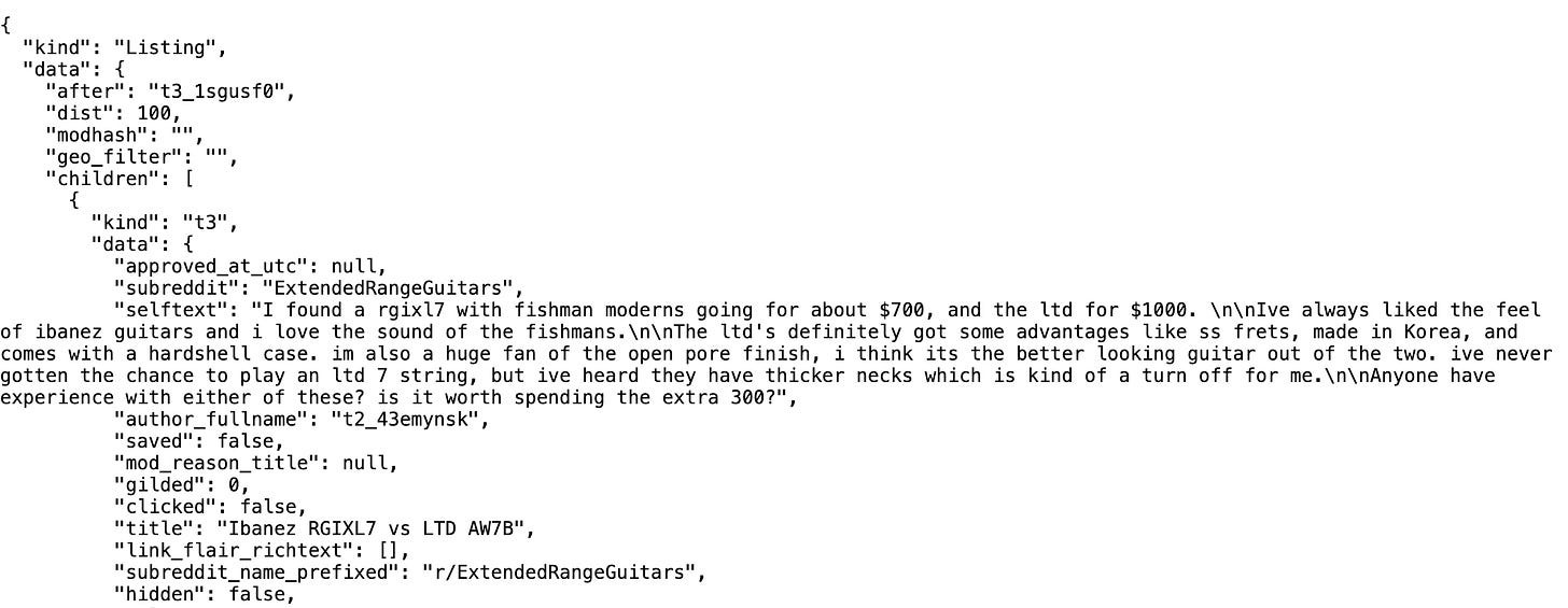screenshot of JSON Reddit results