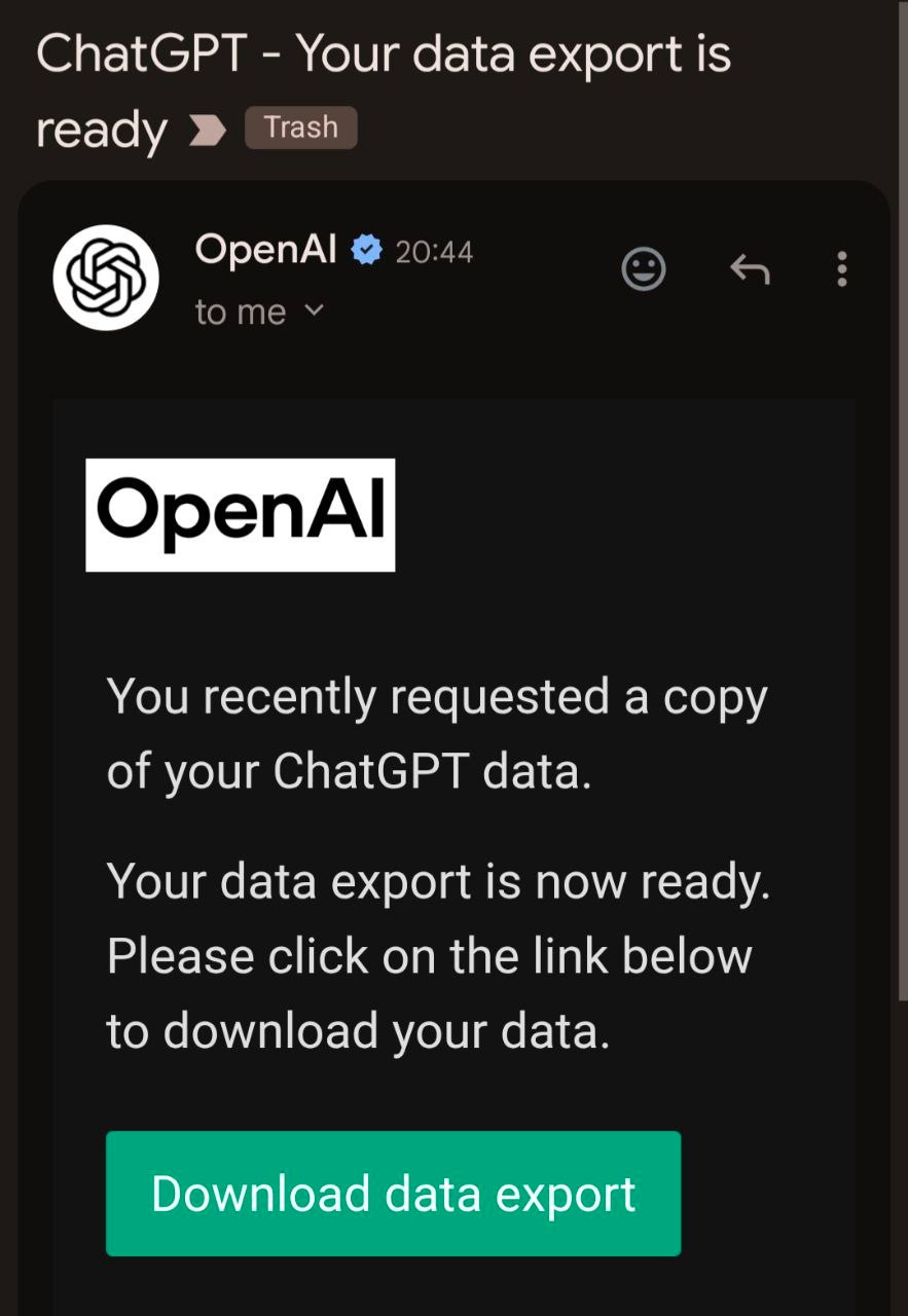 Email notification from OpenAI about data export being ready