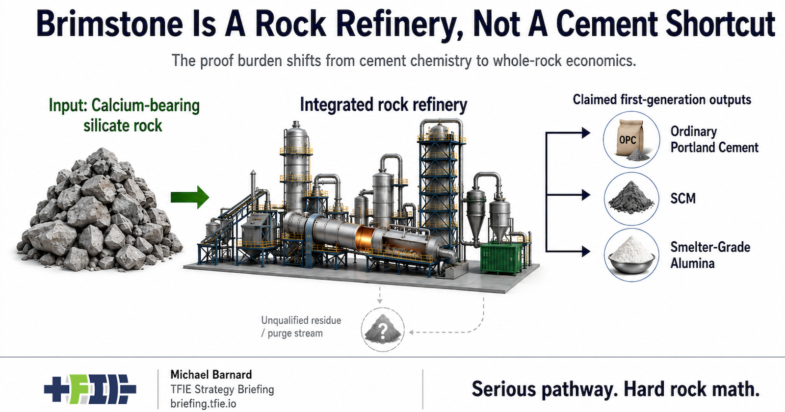 Graphic showing calcium-bearing silicate rock entering a refinery process and exiting as cement, SCM, alumina and residue streams.