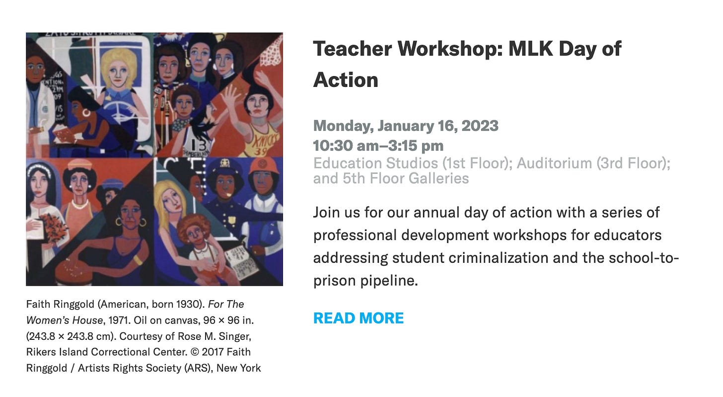 Brooklyn Museum graphic of a Faith Ringgold piece For the Women's House and details about upcoming programs