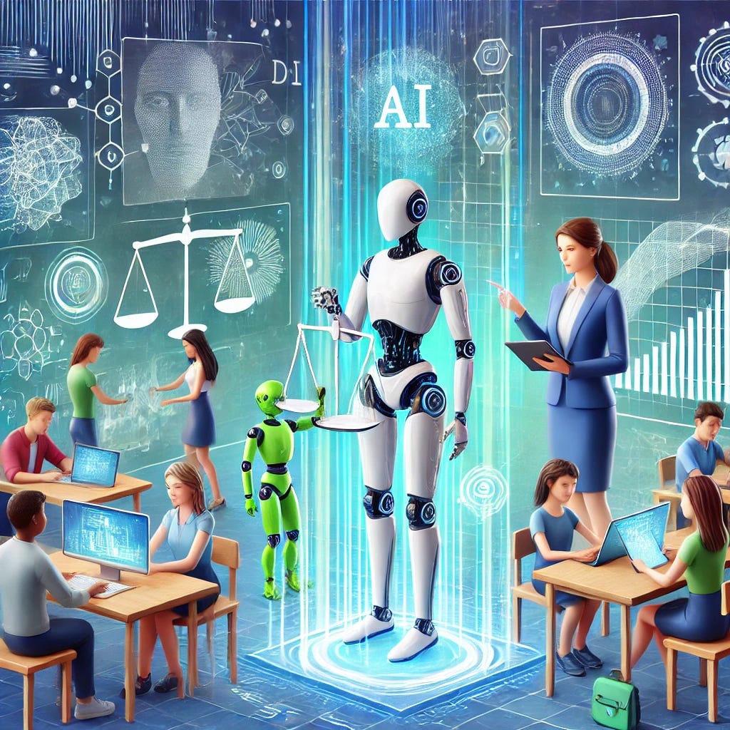 A visually captivating illustration of artificial intelligence transforming education. The scene features a futuristic classroom with holographic displays, a teacher interacting with an AI robot assistant, and diverse students using tablet-like devices with glowing interfaces. The background includes a balance scale symbolizing ethical considerations, data patterns flowing like streams, and abstract shapes representing innovation and critical thinking. The overall color palette is modern and clean, blending blues, greens, and soft whites to emphasize technology and education.