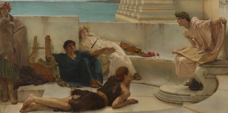Un joven coronado de laurel lee un rollo con poemas de Homero ante un pequeño grupo reunido en una terraza de la Grecia antigua