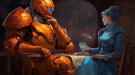 A robot casually chats with a human being