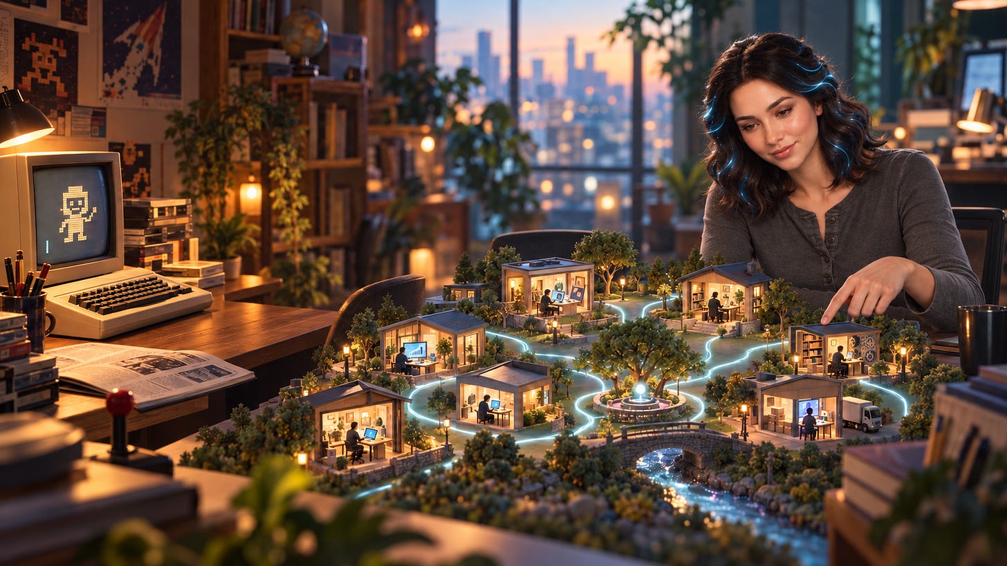 A commodore 64 on a desk, and a women looking over a model village A commodore 64 on a desk, and a women looking over a model village