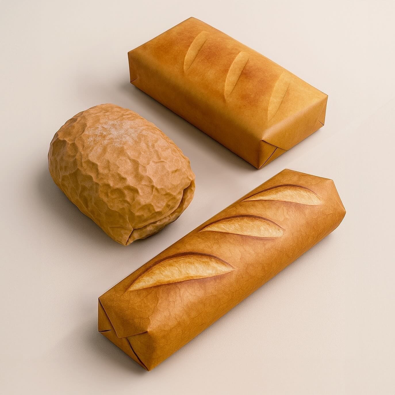 three gifts wrapped in paper with a realistic printed bread design. they resemble loaves three gifts wrapped in paper with a realistic printed bread design. they resemble loaves