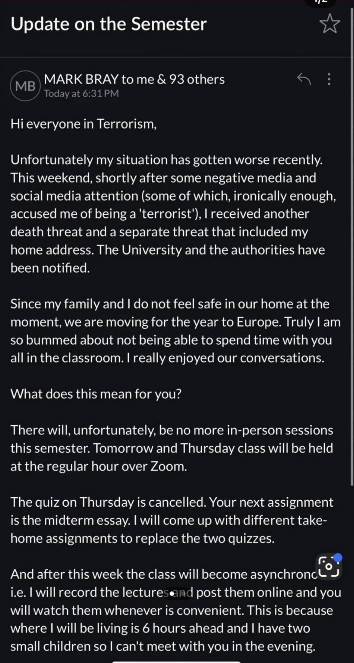 Email update from a professor addressing students about safety concerns, class format changes, and upcoming assignments due to personal threats.