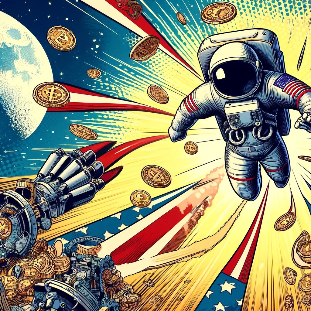 Adjust the comic book-style image to put greater emphasis on the 'money' aspect and American dynamism, while reducing the dominance of the astronaut figure. Depict a dynamic, action-packed scene where the focus is on streams of coins—symbolizing stablecoins—shooting towards the Moon, with visible industrial elements and American symbols like the flag. The astronaut should be smaller and less central, allowing more space to highlight mechanical arms, machinery, and a vivid display of coins. The scene should capture the essence of American innovation and financial movement, maintaining the old-school comic book aesthetic with bold lines and vibrant colors.