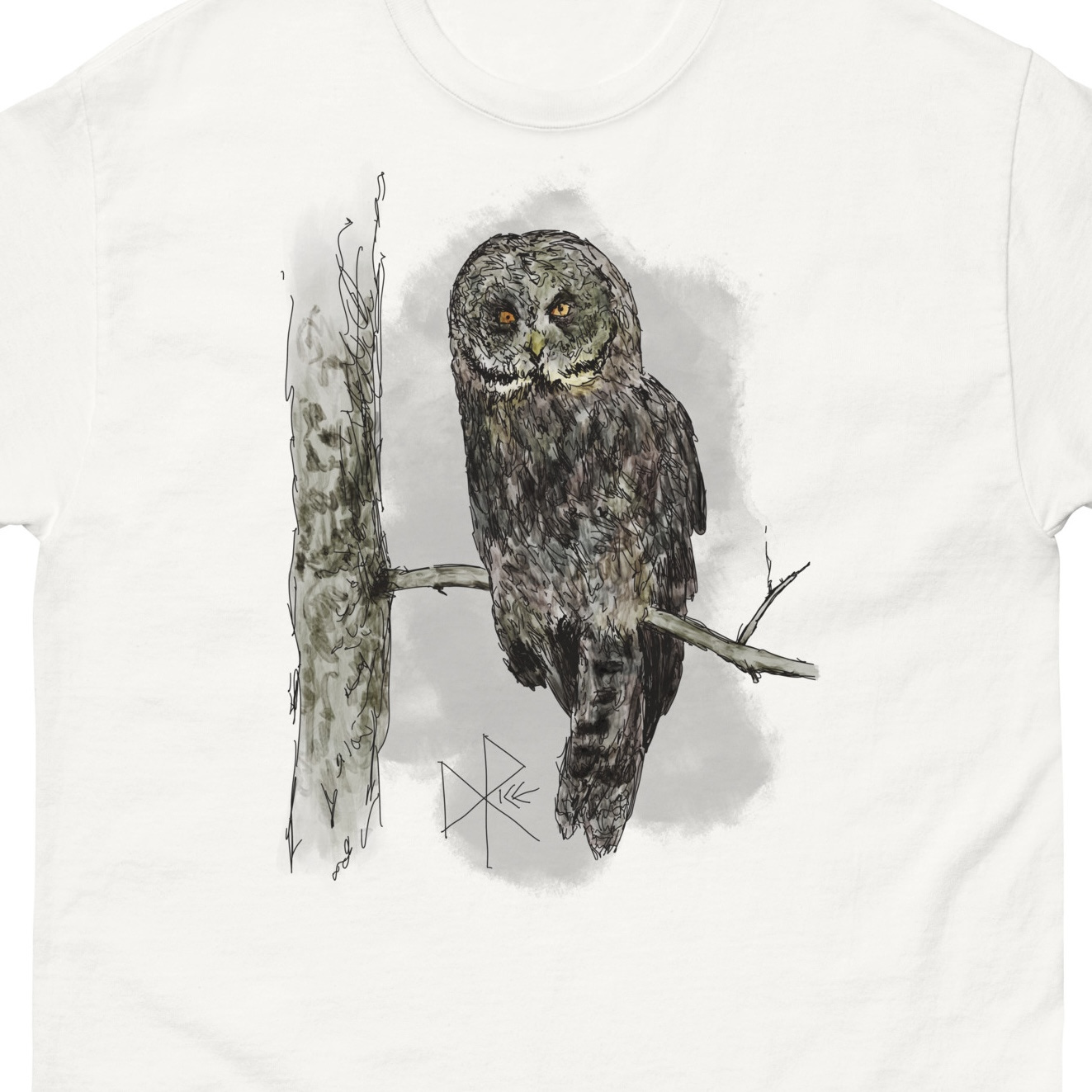 A great grey owl sits on a branch, looking directly at the viewer. Sketch art by Don Rice. A great grey owl sits on a branch, looking directly at the viewer. Sketch art by Don Rice.