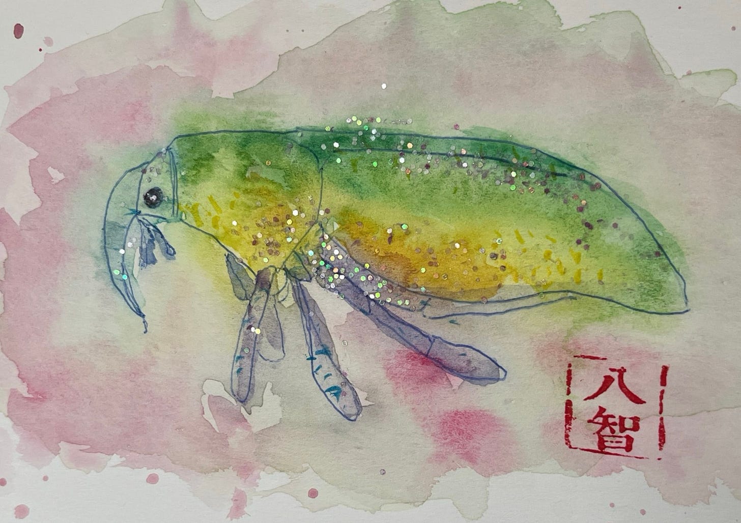 Drawing in ink with watercolor (and glitter) of a weevil (beetle w/ a distinctive snout) in rainbow colors