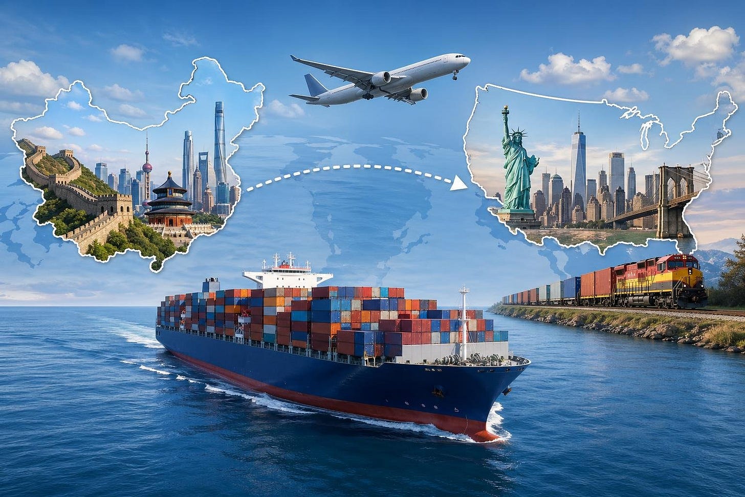 A cargo ship sailing across the ocean between stylized maps of China and the USA, with symbols of shipping and transportation connecting the two countries. A cargo ship sailing across the ocean between stylized maps of China and the USA, with symbols of shipping and transportation connecting the two countries.