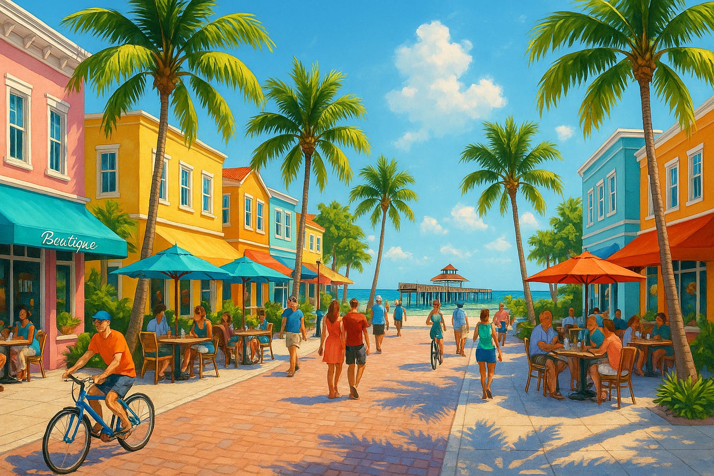 A vibrant, inviting scene of a walkable beach town in Southwest Florida