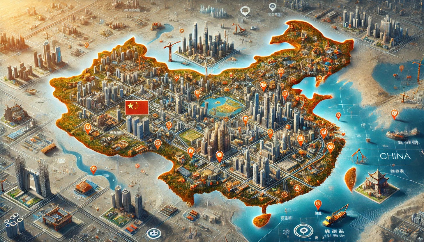A wide aspect ratio, real-life-like image showing a map of China with multiple cities under construction. The map highlights various regions across China with icons and markers indicating construction sites and developing urban areas. The cities under construction are illustrated with cranes, scaffolding, and partially built skyscrapers. The background includes traditional map elements such as rivers, mountains, and provincial borders. The overall scene is vibrant and dynamic, showcasing the rapid urban development taking place across the country.