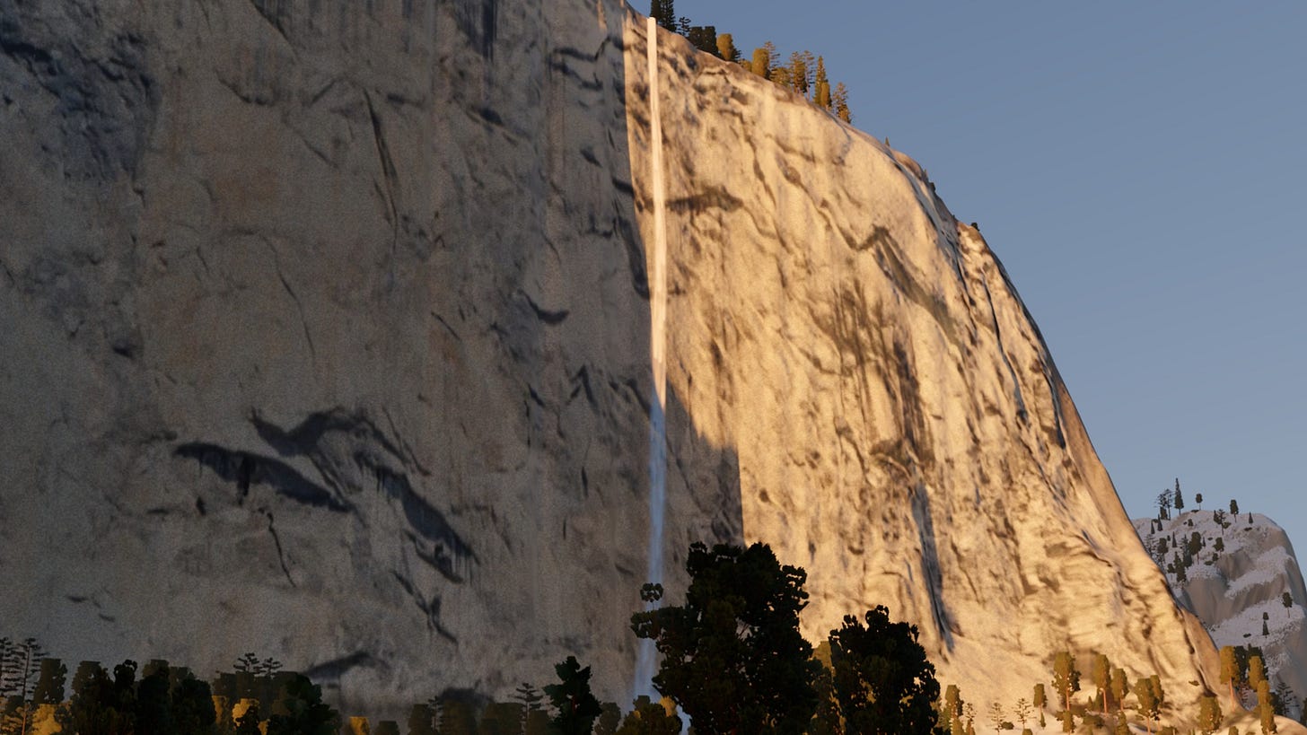Horsetail Fall on El Capitan's east edge catching the last sunlight while the wall around it falls into shade. Horsetail Fall on El Capitan's east edge catching the last sunlight while the wall around it falls into shade.