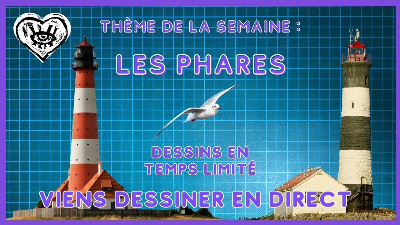 Photo de la miniature du live youtube, sur un fond de tapis de découpe, on voit deux photos de phares, un texte explique le principe de la session et le thème.