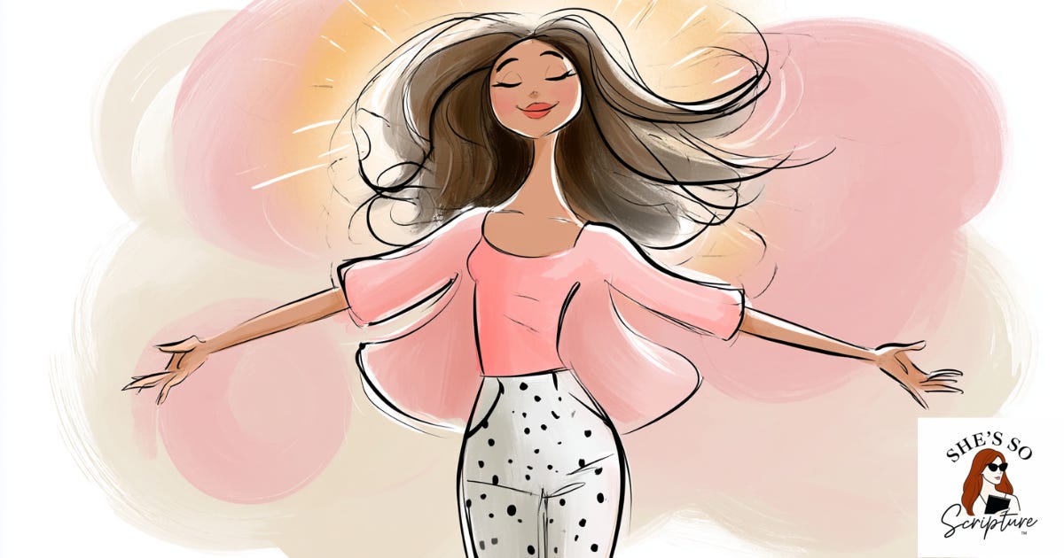 A whimsical ink and watercolor illustration of a woman standing with eyes closed and hands open at her sides in warm golden light, rendered in blush pink and cream tones with an expression of settled peace. A whimsical ink and watercolor illustration of a woman standing with eyes closed and hands open at her sides in warm golden light, rendered in blush pink and cream tones with an expression of settled peace.
