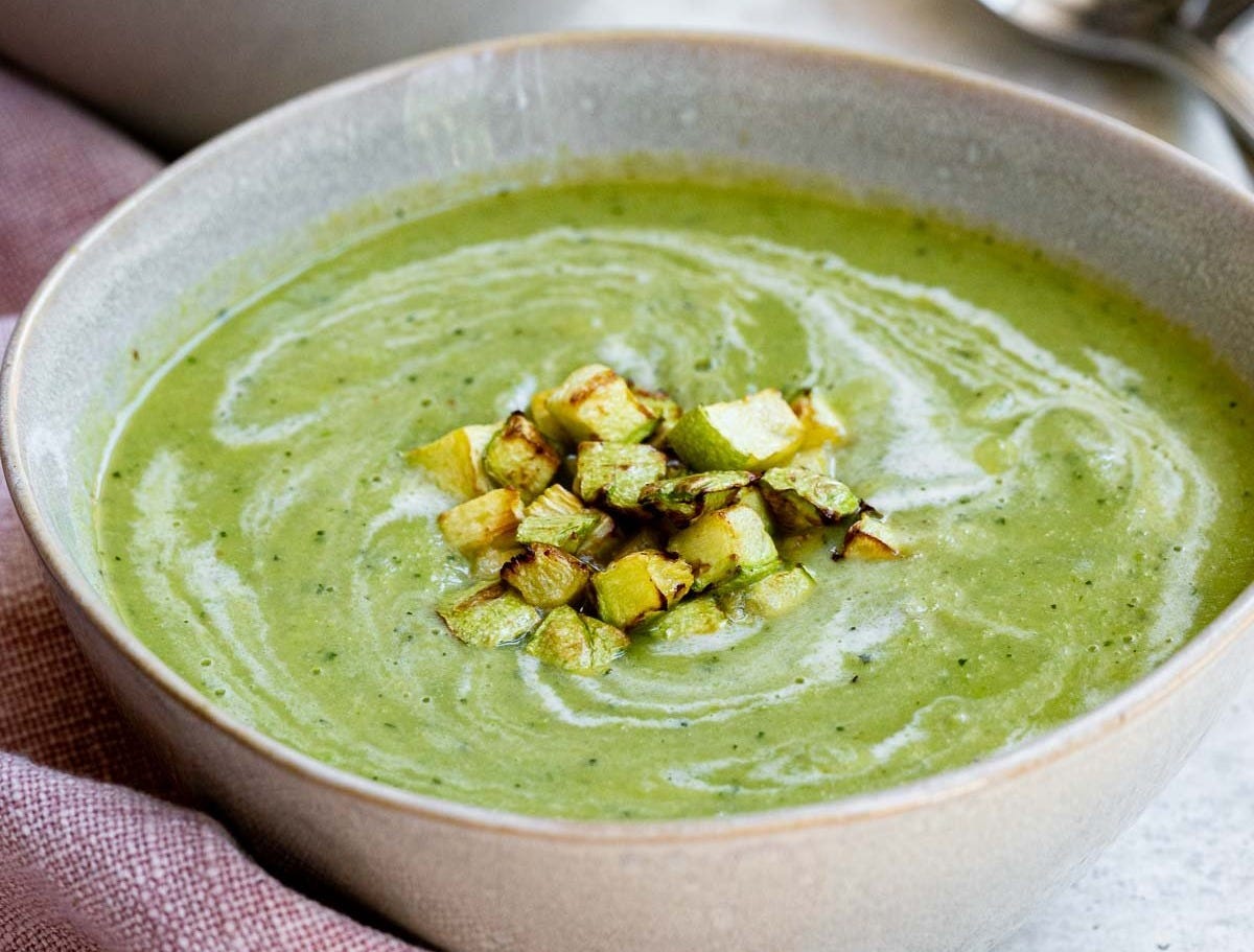zucchini, pea, and basil soup served with roasted zucchini zucchini, pea, and basil soup served with roasted zucchini