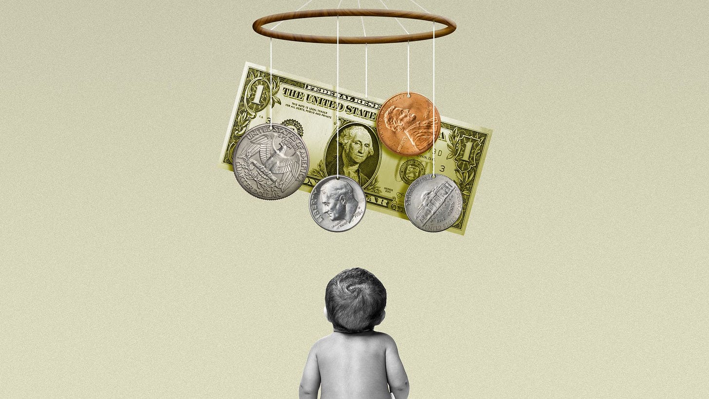 Illustration of a baby looking up at a mobile made up of money