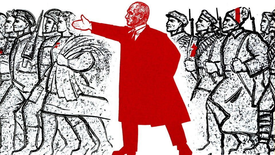 A red image of Vladimir Putin in the middle of troops that he is directing A red image of Vladimir Putin in the middle of troops that he is directing