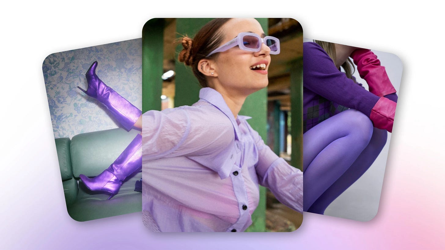 Stylized collage of Pinterest-inspired fashion imagery in purple tones, featuring a smiling person in lavender sunglasses and coordinated close-up outfit details.