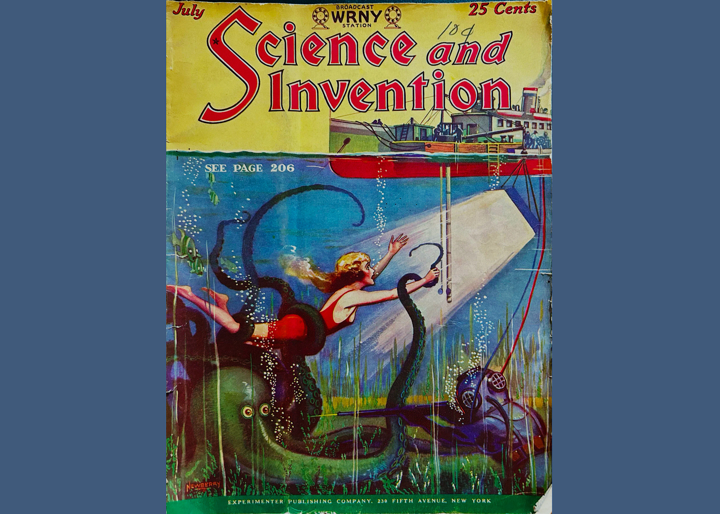 Cover of "Science and Invention" magazine with lurid octopus attack painting