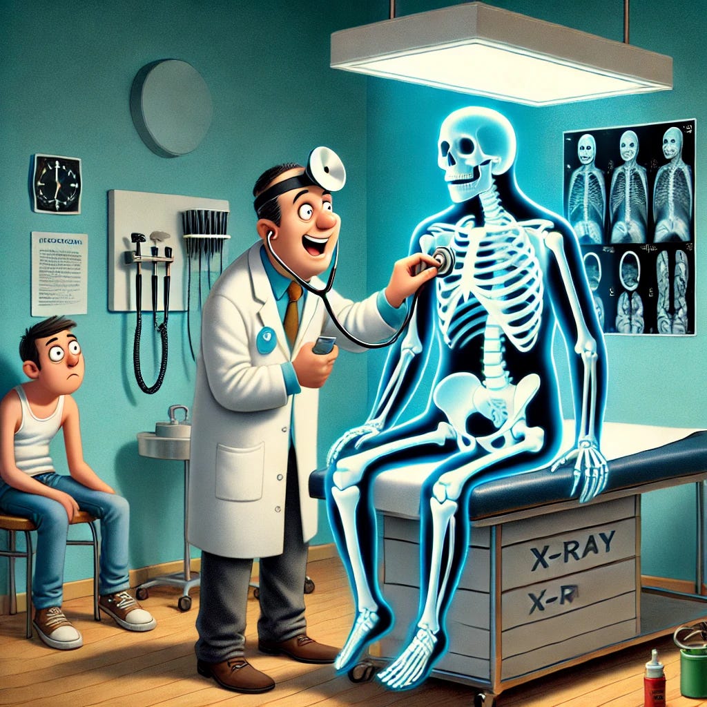 A humorous illustration of a doctor in a white coat treating an X-ray skeleton as if it were a real patient. The skeleton, glowing in blue X-ray style, is sitting on an examination table while the doctor listens to its 'chest' with a stethoscope, writes a prescription, and even checks its reflexes with a hammer. The real patient, a confused person, is sitting nearby, watching in disbelief. The setting is a modern medical office with an X-ray lightbox on the wall and various medical tools around. The style is playful and exaggerated for comedic effect.