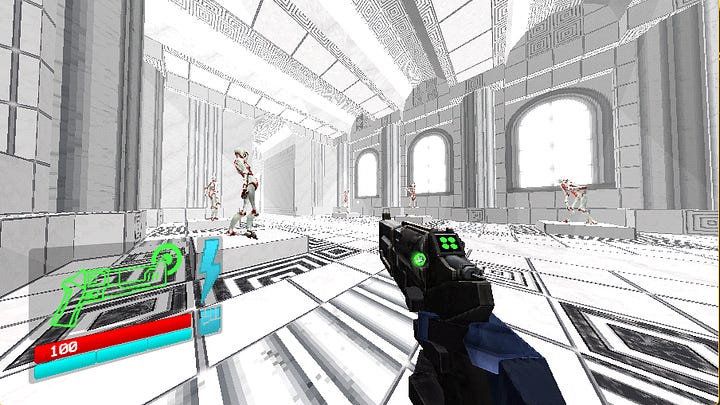 Two images. The first shows an stark white room with posing mannequins. The second is the same room splattered with the red blood of the now dead mannequins.