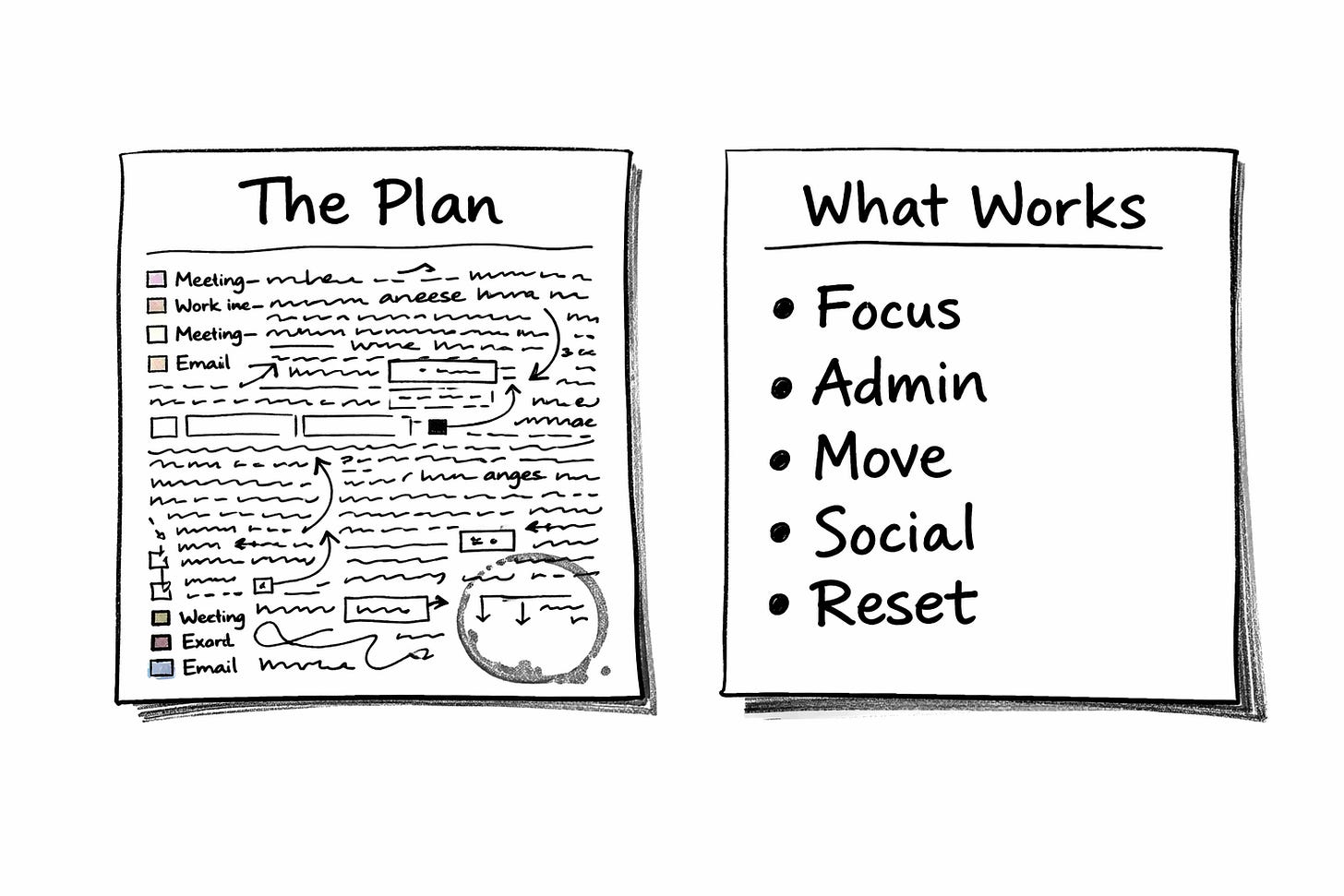 Hand-drawn illustration of two side-by-side sticky notes: the left labeled “The Plan,” crammed with tiny handwritten text, arrows, and color swatches, stained with a coffee ring; the right labeled “What Works,” showing five simple bullet points with generous white space.